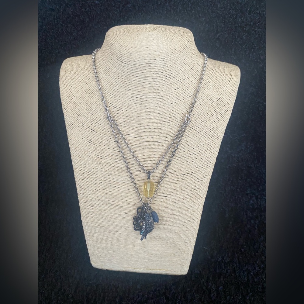 Vintage EUC LUCKY BRAND Rhinestone Love Bird Silver Double Strand Necklace